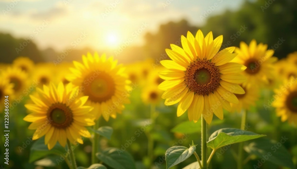 Shining sunflowers in a field of heart-shaped wild flowers, wild flowers, garden scenes, bright yellow petals Shining sunflowers in a field of heart-shaped wild flowers, wild flowers, garden scenes, bright yellow petals