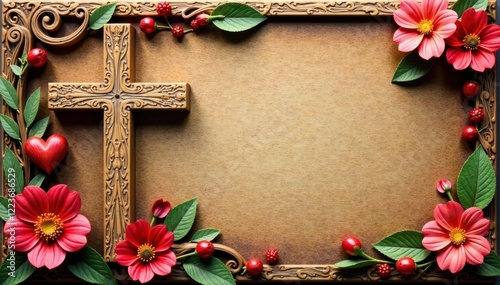 Wooden card with a cross and heart, surrounded by intricate carvings of leaves and flowers , funeral, flower carvings, grief