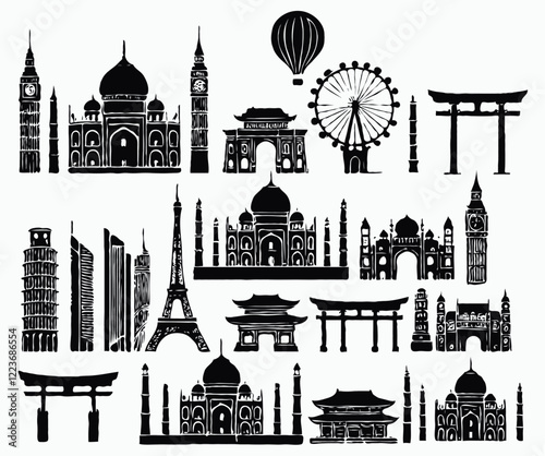 minimalist black and white silhouettes of various famous landmarks with clear lines on a white background. Big set of famous monuments and landmarks of the world. 