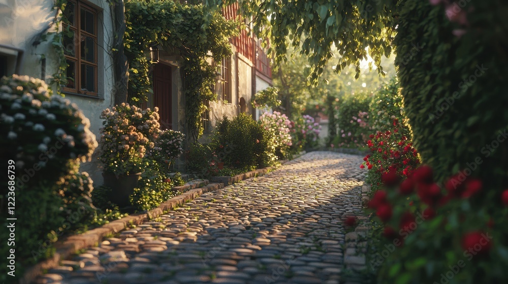 Obraz premium Cobblestone path to countryside cottage with flower beds and hedges