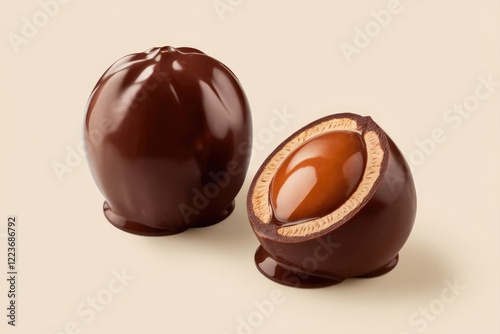 Two chocolatecovered caramel candies, one whole and one cut open. photo