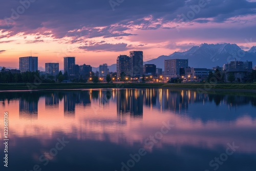 Toyama, Japan Skyline: City Landscape with Business District at Twilight photo