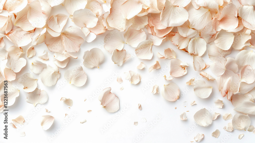Scattering of delicate rose petals on a clean white surface creates a soft and serene atmosphere suitable for various occasions. Generative AI Scattering of delicate rose petals on a clean white surface creates a soft and serene atmosphere suitable for various occasions. Generative AI