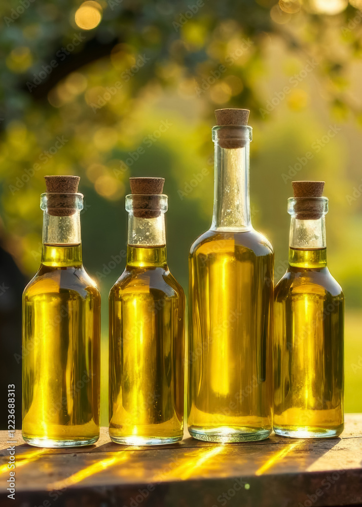Olive oil in bottles on a wooden table in a sunny garden Olive oil in bottles on a wooden table in a sunny garden