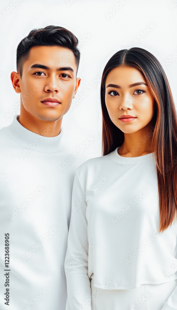 Young couple dressed in white, confidently posing against a minimalist light background. Young couple dressed in white, confidently posing against a minimalist light background.