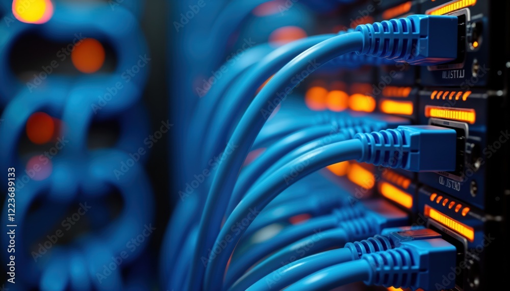 Close-up view of network cables connected to server rack. Blue cables plugged into orange lit ports. Tech infrastructure. Modern data center equipment. Digital connection. Network system. Future Close-up view of network cables connected to server rack. Blue cables plugged into orange lit ports. Tech infrastructure. Modern data center equipment. Digital connection. Network system. Future