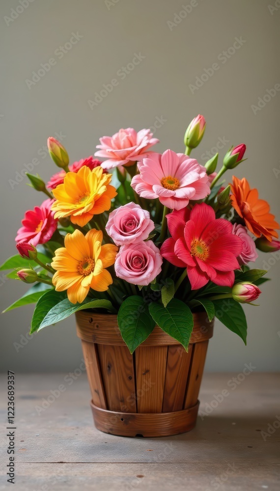 custom made wallpaper toronto digitalBrightly colored flower bouquet in a wooden basket, stems, basket, arrangement