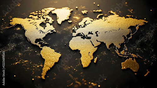 Golden World Map with Continent Details Displayed on a Dark Background