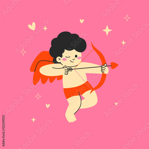 Vector Illustration of Cartoon Character for Valentines Day. Character amour cupid valentines day.Cartoon angel shoots hearts from a bow.