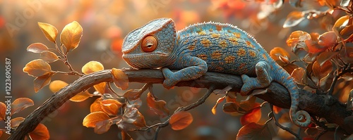 Scene a sleepy chameleon resting on a branch, its color changing subtly to match the foliage