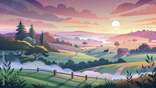 Beautiful foggy sunrise in English countryside with soft pastel sky and calm feeling :