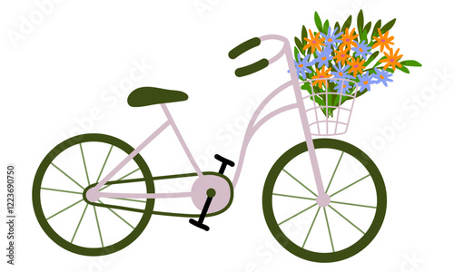 Vintage bicycle with basket full of flowers. For spring-themed designs, greeting cards, or eco-friendly lifestyle promotions. Vector illustration