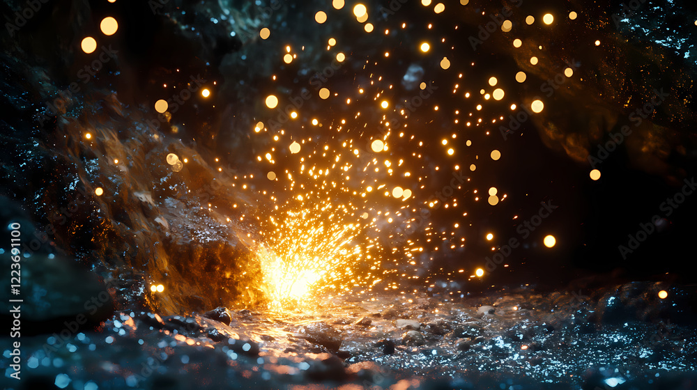 Naklejka premium The enchanted lightning sparks that burst from the tip of the wizards wand lit up the dark cavern with a sparkling brilliance. Sparkling Cavern. Illustration