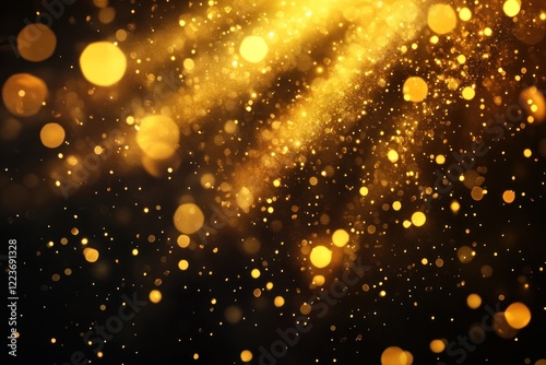 Golden glitter bokeh explosion, dark background, festive backdrop