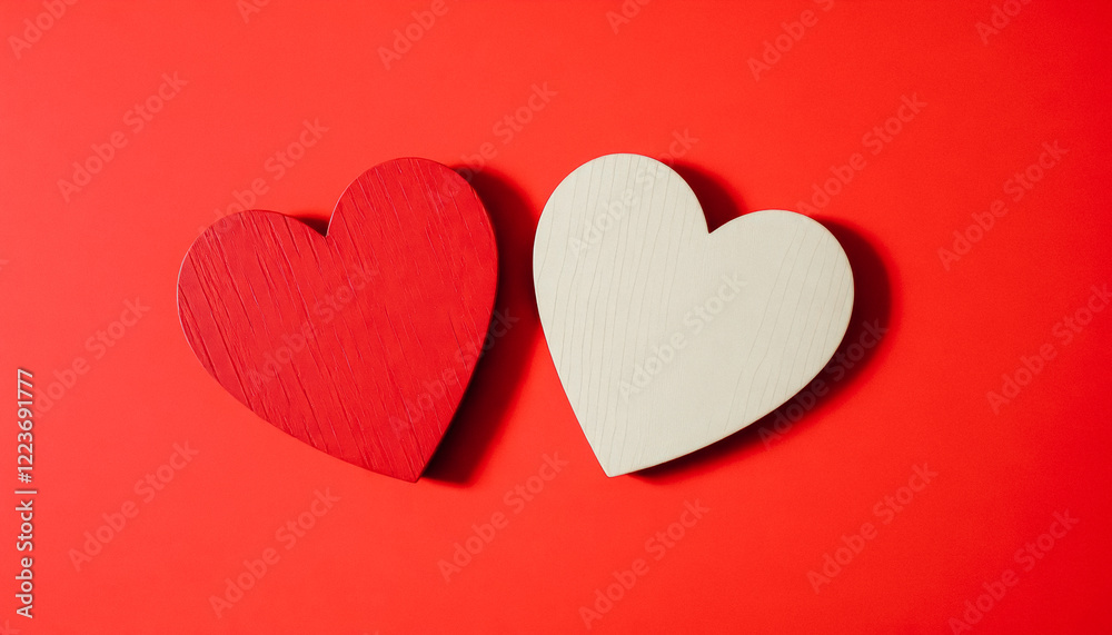 Two wooden hearts, one red and one natural, vertically aligned on a deep red background with dramatic shadows. Two wooden hearts, one red and one natural, vertically aligned on a deep red background with dramatic shadows.