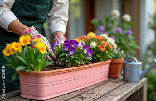 Fototapeta Naklejka Na Ścianę i Meble -  Woman in garden gloves plants pansies in pink flower box on wooden terrace. Springtime home gardening, biophilic design. Beautiful flowers, blossoms fill flower box. Transplanting flowers hobby for.