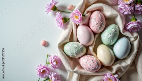 Pastel colored Easter eggs display intricate patterns, nestled on soft beige linen. Delicate spring flowers add charm, creating a cheerful festive atmosphere