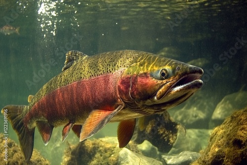 Upstream. Wild Salmon Spawning with Brown Bear at Brooks Falls, Katmai National Park, Alaska photo