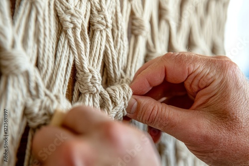 Close-up of hands meticulously crafting macrame, showcasing the intricate knotting technique photo