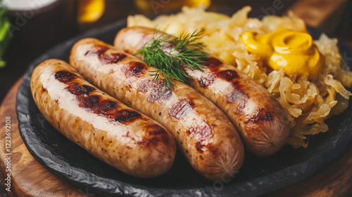 石製プレートに盛られたブラートヴルストとザワークラウトの風味豊かなドイツ料理