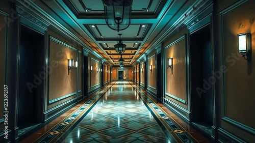 Mysterious Dark Hallway with Teal Accents and Intricate Floor Design