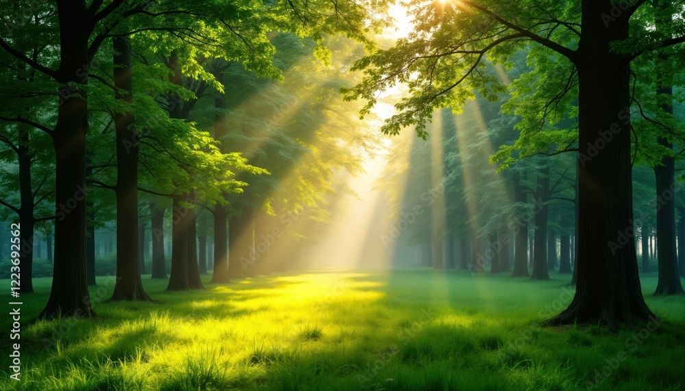 Obraz premium Sunlight streams through green forest. Trees stand tall, vibrant foliage creates tranquil scene. Warm light bathes meadow creating serene atmosphere. Landscape peaceful, beautiful. Sunbeams highlight