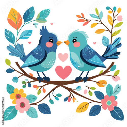 A vibrant illustration of two cartoon birds, one yellow and one blue, positioned on a branch