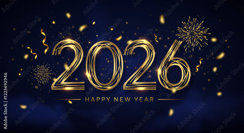 Naklejka premium Happy New Year 2026 Gold Fireworks Celebration Design