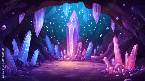 A crystal cave filled with shimmering gemstone spikes. Sparkling Cavern. Illustration photo