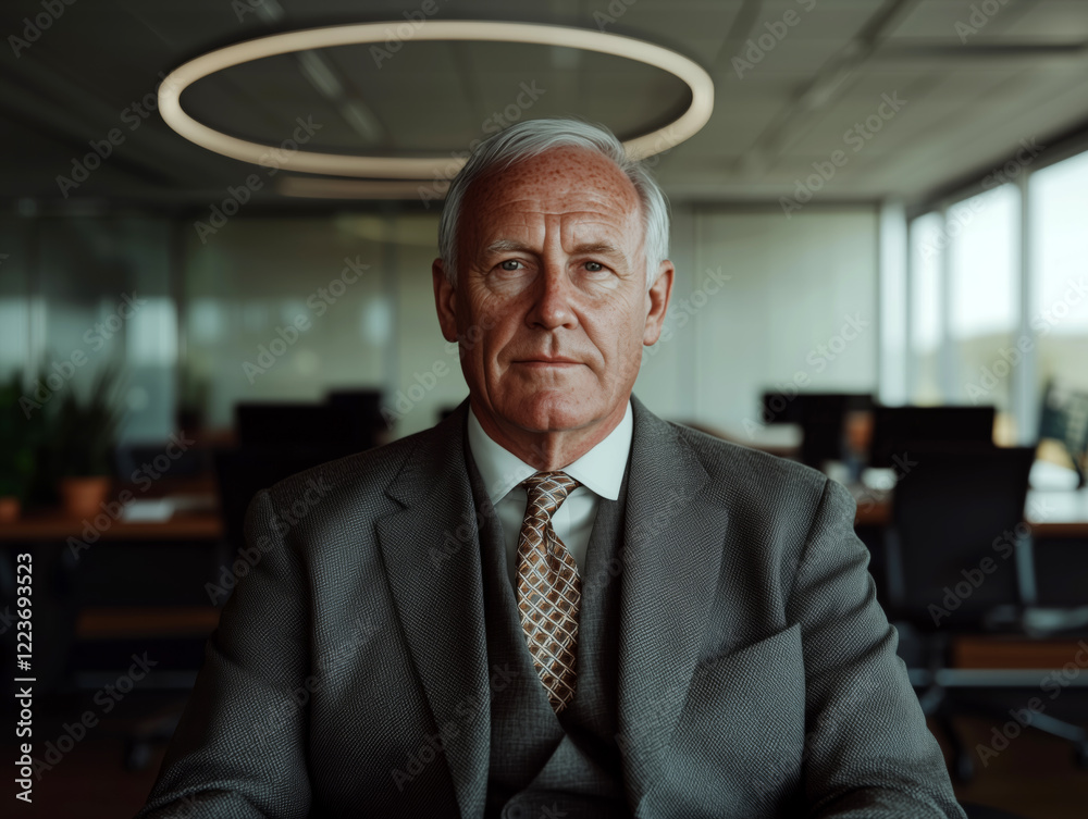 Naklejka premium Senior businessman in a suit sitting at an office desk with a serious and confident expression