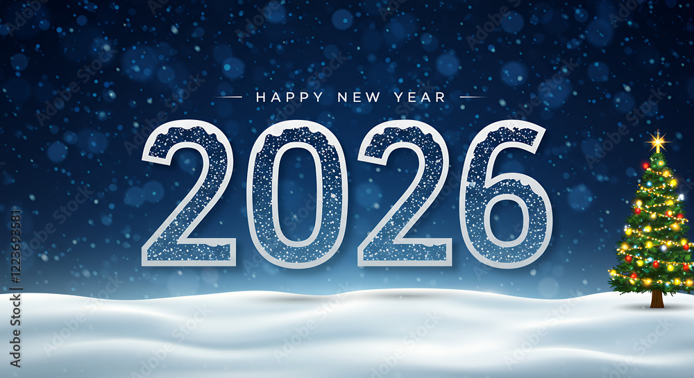 Fototapeta premium Snowy 2026 New Year's Eve Greeting Card with Christmas Tree