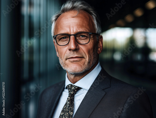 Confident businessman with glasses wearing a suit, standing in a corporate office setting
