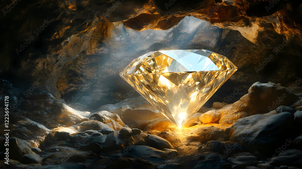 Obraz premium A stunning diamond sparkling in a dark, rocky cave. diamond cavern. illustration. Sparkling Cavern. Illustration