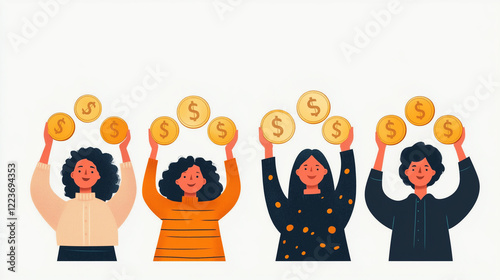 People from different backgrounds all holding the same amount of coins. Concept of egalitarian distribution of wealth in a free market economy.