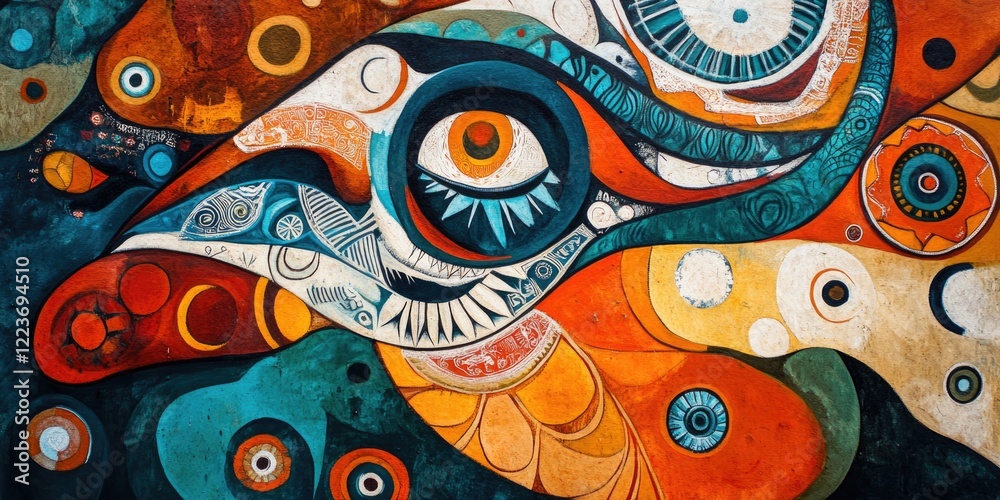 Obraz premium A colorful painting of a face with a large eye. The eye is surrounded by a blue and green background