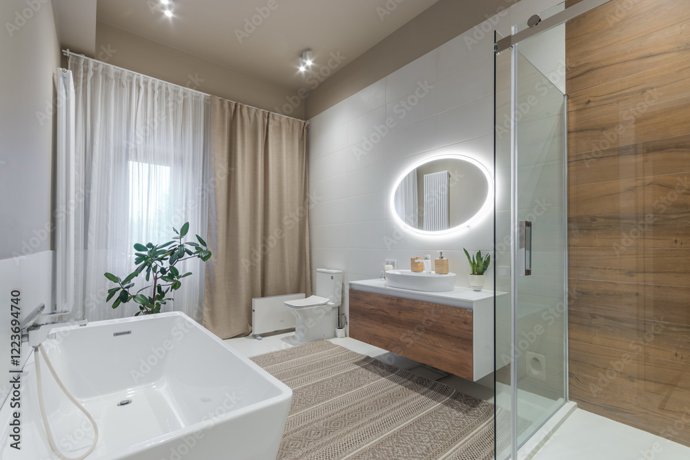 custom made wallpaper toronto digitalExclusive bathroom interior. A window with curtains, a carpet on the floor, a pot with a green plant.