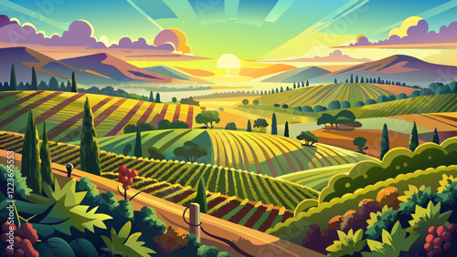 A sun-drenched vineyard overlooking rolling hills and valleys, where grapes ripen under the watchful gaze of the sun.