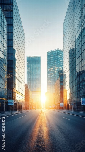 Sunrise cityscape with blurred urban street for advertising space