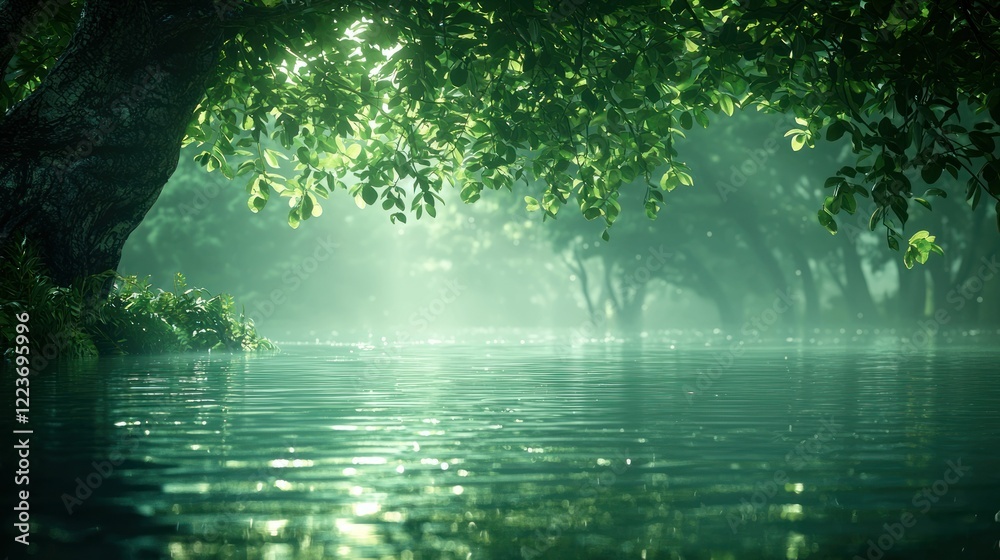 Obraz premium Sunlit River, Misty Forest, Calm Waters, Tranquil Scene