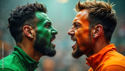 Two men face off intensely. Faces painted in contrasting team colors. Passionate fans of opposing football teams. Intense expressions showcase strong rivalry, competition. Seem focused, determined.