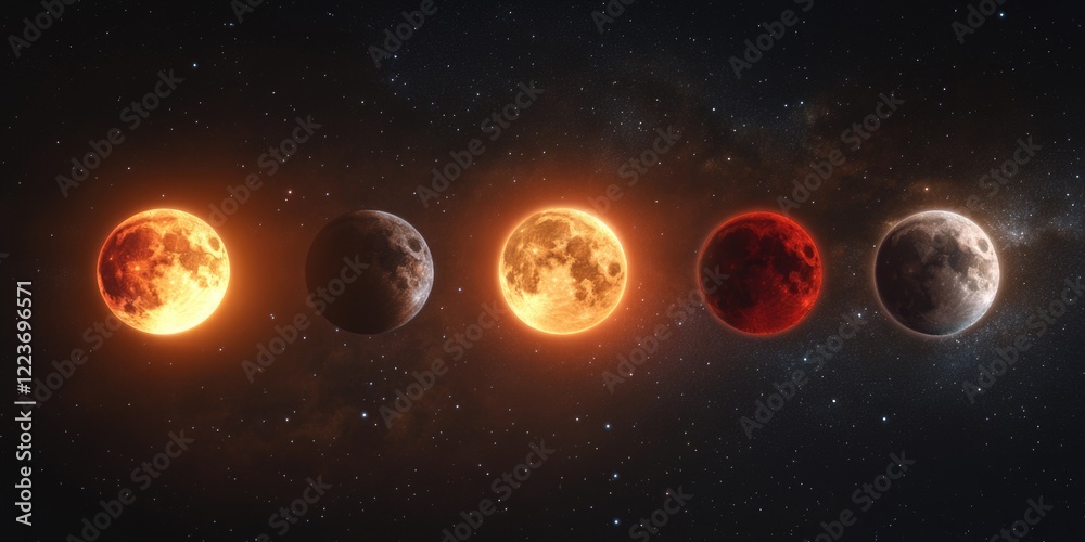 Fototapeta premium A series of four different colored moons in the sky. The first moon is red, the second is yellow, the third is white, and the fourth is blue