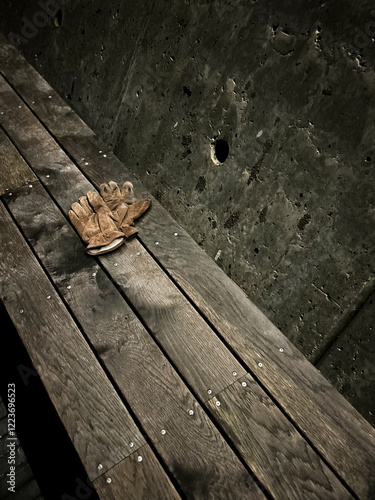 Gloves on a bench in nighttime..