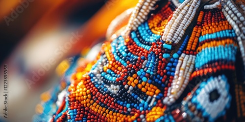 A colorful beaded necklace with a blue and orange design. The beads are arranged in a pattern that resembles a face photo