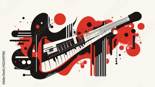 A creatively rendered abstract guitar illustration featuring a fusion of musical elements, bold black, red tones, and elegant curving shapes forming a unique instrument.
