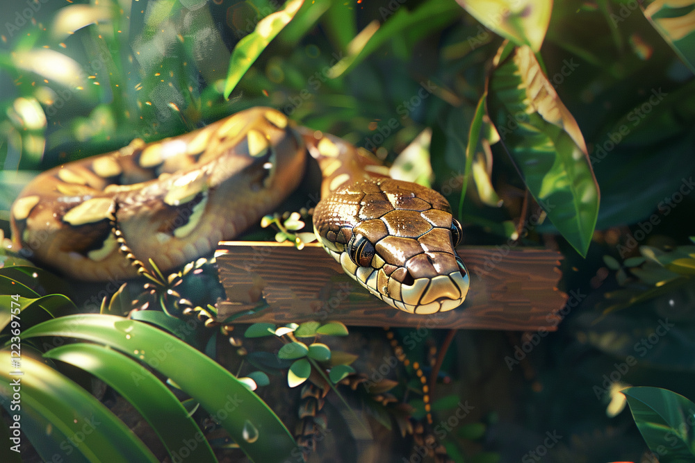 Naklejka premium Beautiful close-up reptile snake in mystical fairy tale forest, postcard, banner, symbol of the new year 2025