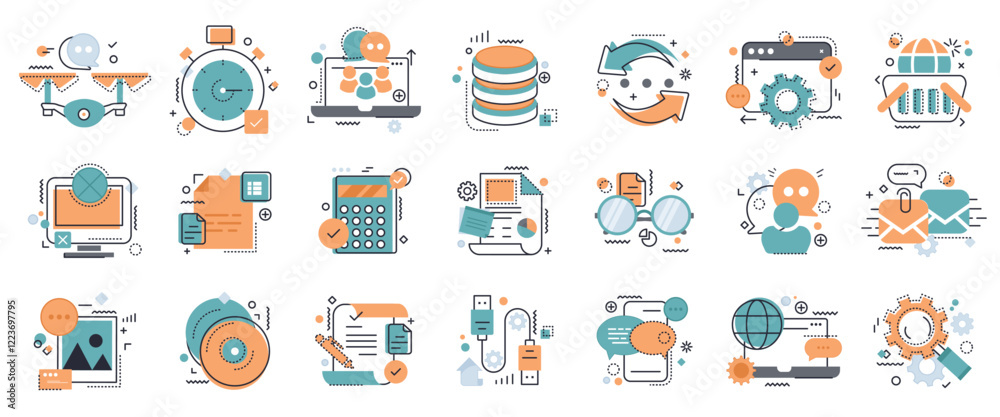 Fototapeta premium Business and marketing, programming, data management, internet connection, social network, computing, information. Thin line blue icons set. Flat vector illustration