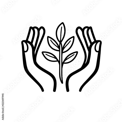 Vector hands protecting a small plant icon in outline style representing environmental care