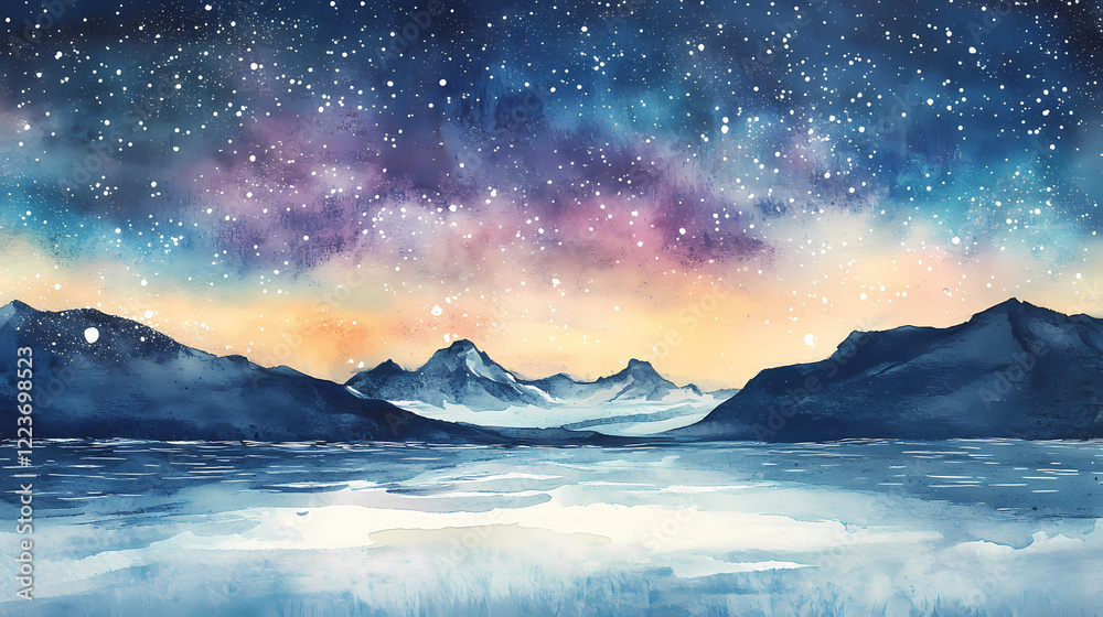 Fototapeta premium Mystical aurora borealis above icelands glacial lagoons, vivid watercolor streaks in a starry night sky. Starry Lagoon. Illustration