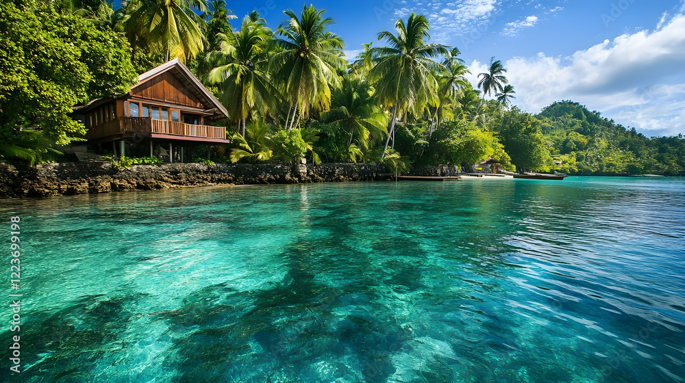 Obraz premium Serene Waterfront Home Surrounded by Palm Trees and Clear Turquoise Waters
