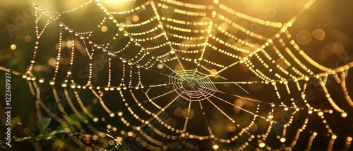 A close-up of a delicate spider web, glistening with dewdrops, stretched across a tree branch.